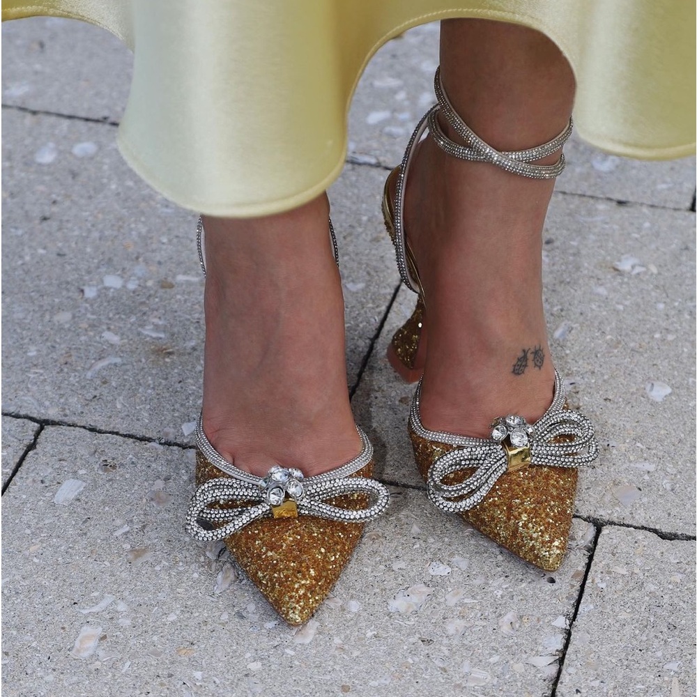 Bowknot Crystal Slingback Sandals Lace-up Shoes for Party, Golden, Size 6,5